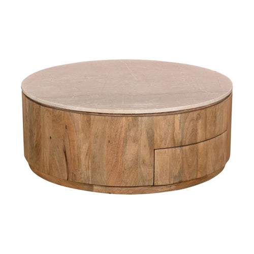 Giga Meubel Salontafel Elan Rond - Travertin - Naturel - 90x90x35cm - Incl. Lades - vtwonen shop