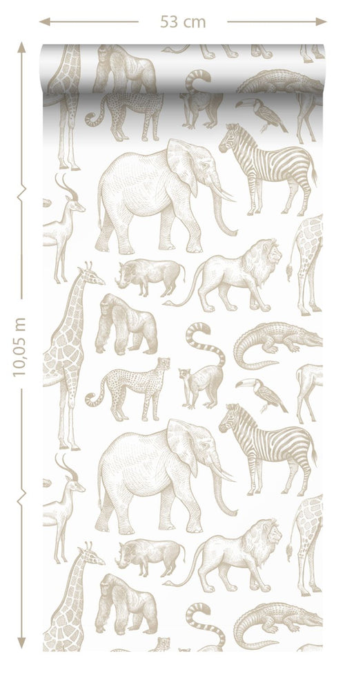 ESTAhome behang jungle dieren wit en beige - 53 cm x 10.05 m - 139690