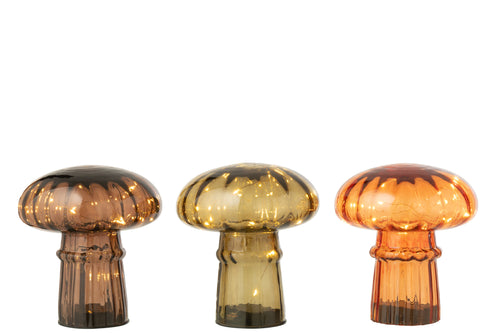 J-Line decoratie Paddenstoel - glas - cognac/olijfgroen - small - 3 stuks - LED - vtwonen shop