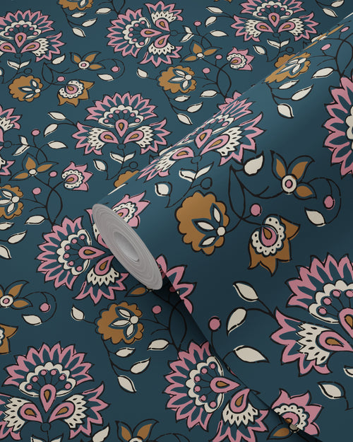 ESTAhome behang vintage bloemen donkerblauw en paars - 50 x 900 cm - 131820