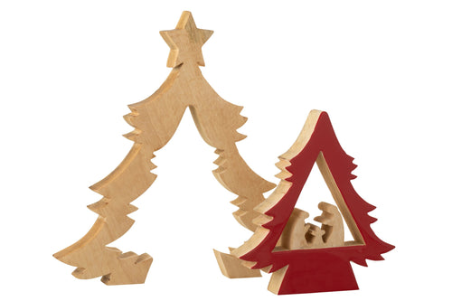 J-Line decoratie Kerststal in Boom + Ster - hout - rood/naturel