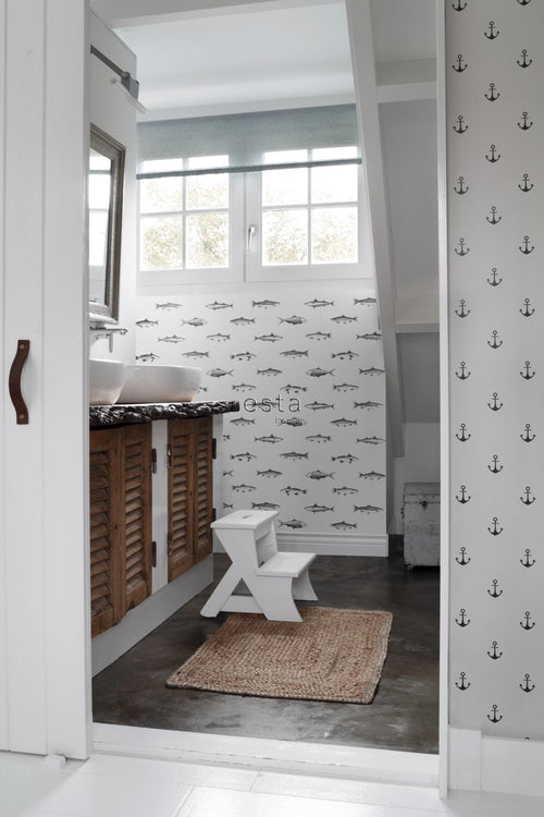 ESTAhome behang pentekening vissen wit en zwart - 53 cm x 10.05 m - 138967