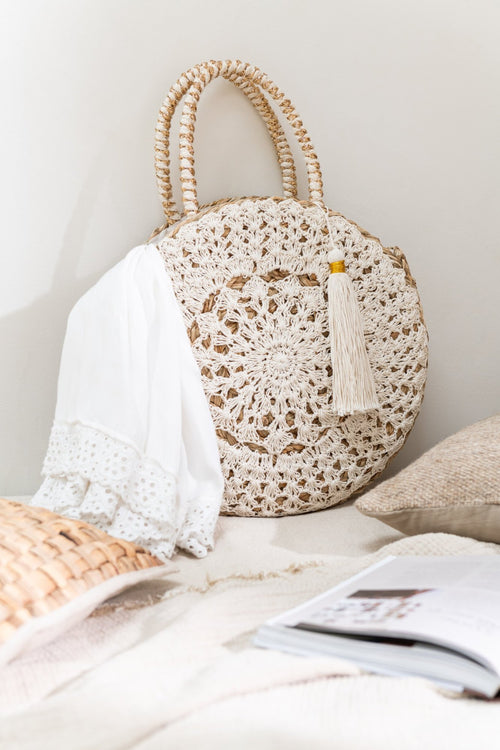 J-Line strandtas Rond + Kwast - zeegras - naturel/wit