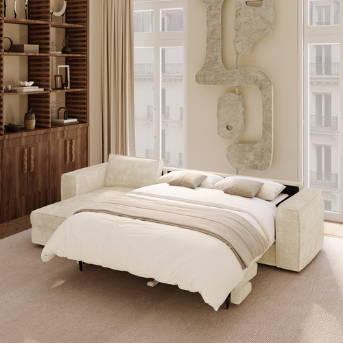 Premium Interiors - Hoekbank (links) MIKA - zacht aanvoelende geweven stof crème 292cm