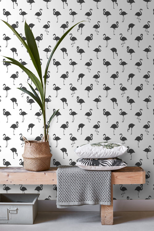 ESTAhome behang flamingo's zwart en wit - 53 cm x 10.05 m - 138993