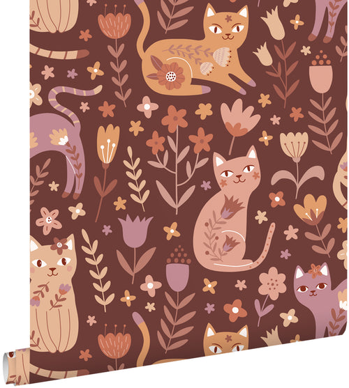 ESTAhome behang katjes donker paars en donker rood - 50 x 900 cm - 132182