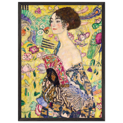 Artfulprints Poster met Lijst Gustav Klimt - Lady with a fan   - 50x70 cm - Geel
