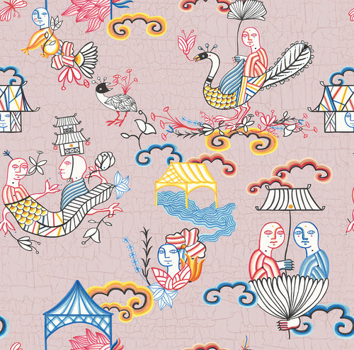 Walls4You behang surrealistisch motief oudroze en meerkleurig - 53 cm x 10 m - 640153