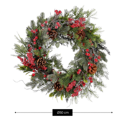 Mica Decorations Randell Kerstkrans - Kerstversiering met besneeuwd effect - Deurkrans eenvoudig op te hangen - Decoratie met besjes en dennenappels -