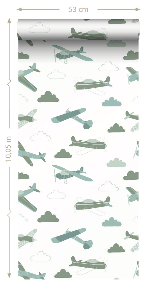 ESTAhome behang vliegtuigen vergrijsd groen en blauw - 50 x 900 cm - 139804 - vtwonen shop