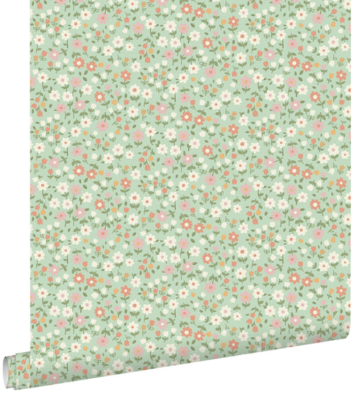 ESTAhome behang bloemetjes groen, terracotta roze en wit - 50 x 900 cm - 139470