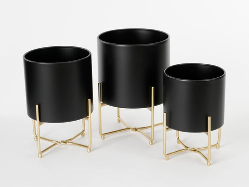 Mica Decorations Aries Bloempot op Standaard - Set van 3 - H32 x Ø24 cm - Zwart - vtwonen shop