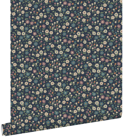 ESTAhome behang bloemetjes donkerblauw, lila roze en vergrijsd groen - 53 cm x 10.05 m - 139471
