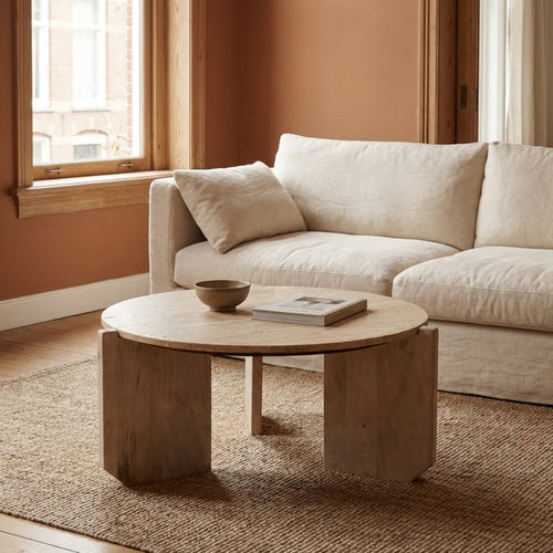 Giga Meubel Salontafel Simon Rond - Travertin/Hout - Bruin - 80x80x36cm