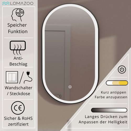 LOMAZOO badkamerspiegel Leipzig - met LED verlichting - ovaal - zwart - 50 x 90 cm