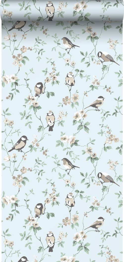Borastapeter behang bloemen en vogels vergrijsd blauw - 53 cm x 10.05 m - 660391 - vtwonen shop