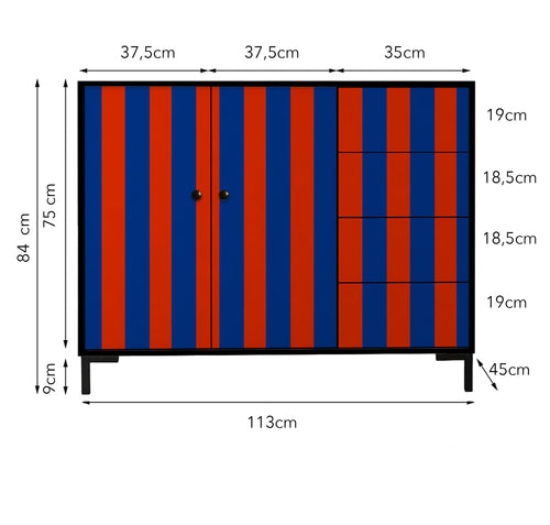 Laag dressoir van MDF met verticaal streeppatroon in rood- en blauwtinten