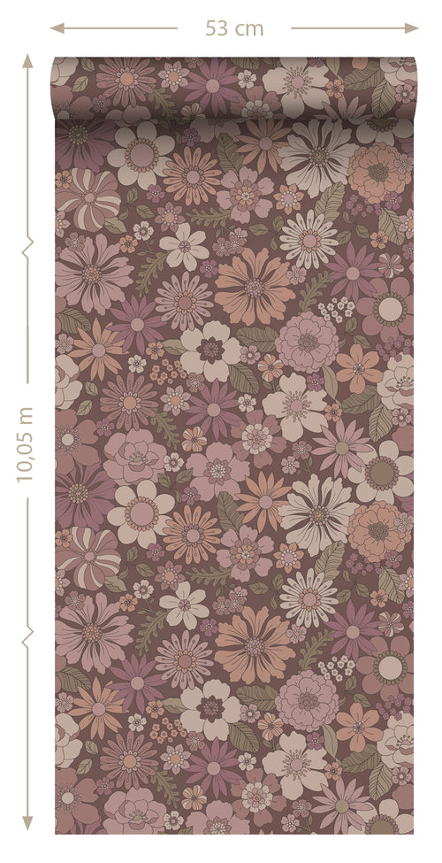 ESTAhome behang retro bloemen oudroze en aubergine paars - 53 cm x 10.05 m - 131135 - vtwonen shop