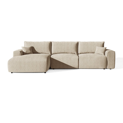 Premium Interiors - Linkshoekbank met slaapfunctie en opbergruimte COMO - zacht aanvoelende geweven stof beige 297cm