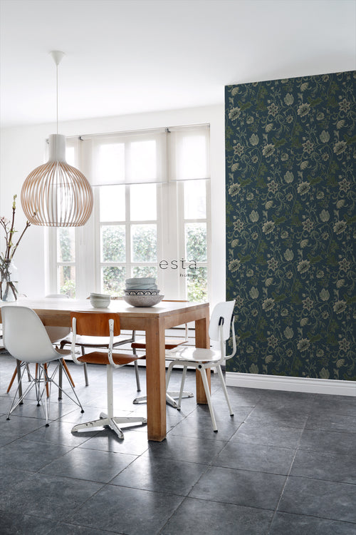 ESTAhome behang vintage bloemen donkerblauw en groen - 53 cm x 10.05 m - 139416