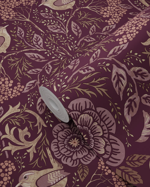 ESTAhome behang bloemen en vogels aubergine paars - 50 x 900 cm - 131635 - vtwonen shop