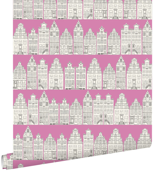 ESTAhome behang Amsterdamse huizen roze - 53 cm x 10,05 m - 137714 - vtwonen shop