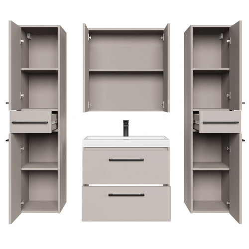 Badplaats Badkamermeubel Set Florence 60 cm XL – Beige – Hangend Badmeubel met Wastafel, Spiegelkast en Zijkasten