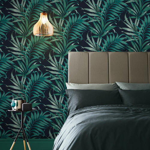 Graham & Brown Vliesbehang - Yasuni Bladeren Donkerblauw