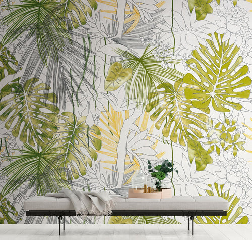 One Wall one Role fotobehang jungle-motief groen, wit, grijs en geel - 371 x 280 cm - AS-382321 - vtwonen shop
