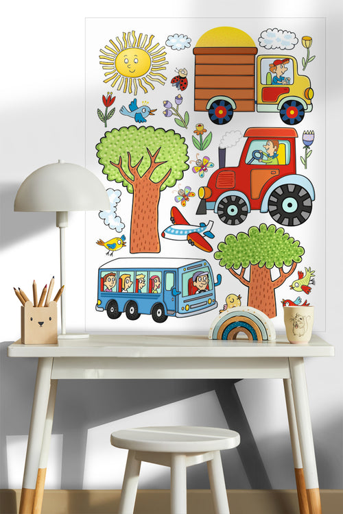 Sanders & Sanders muursticker voertuigen rood, groen en blauw - 85 x 65 cm - 600166