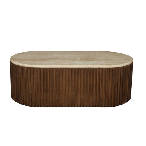 Giga Meubel Salontafel Sven Ovaal - Travertin/Hout - Bruin - 120x60x40cm