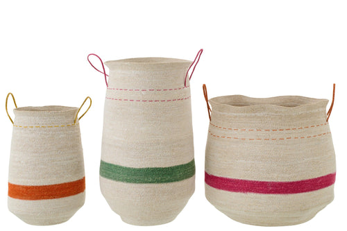 J-Line mand Met Handvat Gestreept - zeegras - mix - set van 3