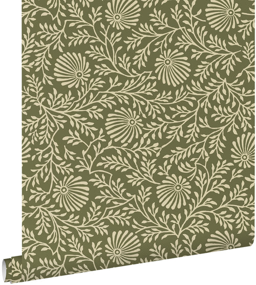 ESTAhome behang vintage bloemen olijfgroen - 50 x 900 cm - 131514 - vtwonen shop