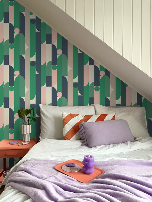 ESTAhome behang geometrische vormen groen, blauw, roze en beige - 50 x 900 cm - 131062 - vtwonen shop