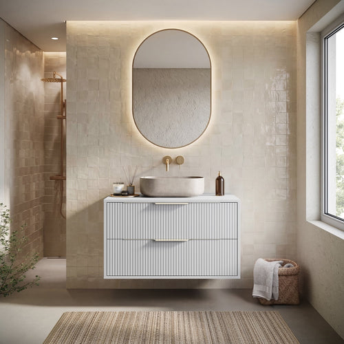 Badplaats Wastafelkast Rimini 80 cm – Mat Wit – Hangend Badmeubel met 2 Lades en Gouden Handgrepen