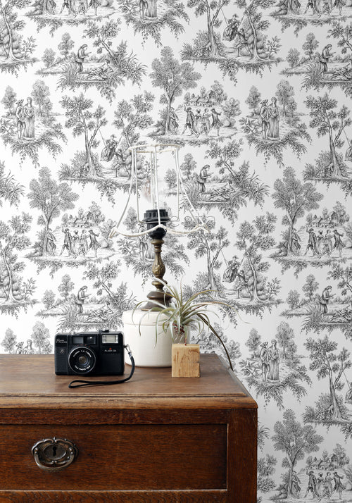 ESTAhome behang toile de jouy print zwart - 53 cm x 10.05 m - 136820 - vtwonen shop