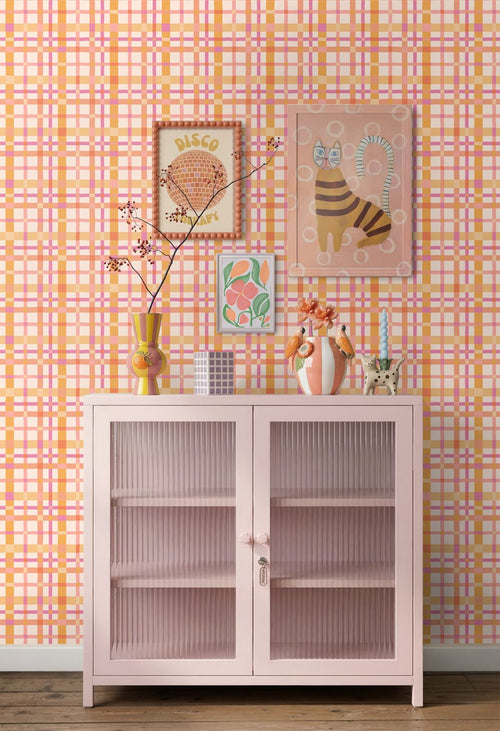 ESTAhome behang ruitjes paars en oranje - 50 x 900 cm - 132049