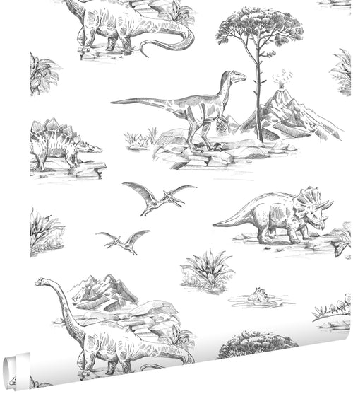 ESTAhome behang dinosaurussen zwart wit - 53 cm x 10.05 m - 139269