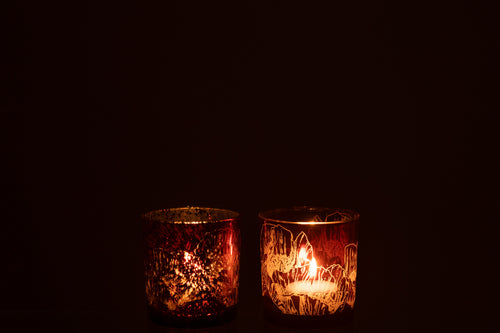 J-Line windlicht Bloemen - glas - bordeaux - small - 2 stuks
