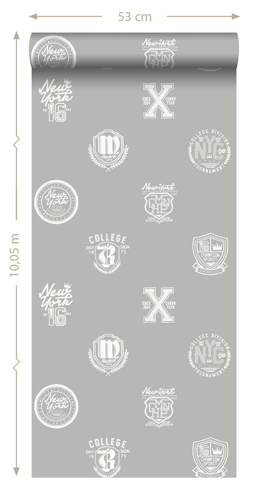 ESTAhome behang school emblemen taupe - 53 cm x 10.05 m - 128804