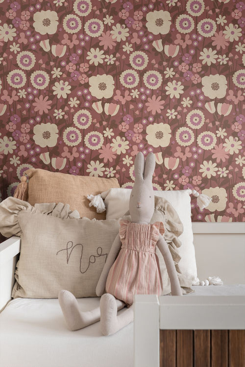 ESTAhome behang retro bloemen aubergine paars en roze - 50 x 900 cm - 132162