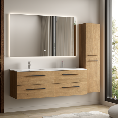 LOMAZOO badmeubelset Navero - met hoge kast & witte wastafel - licht eiken - 140 cm