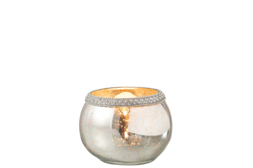 J-Line theelichthouder Rond Diamant - glas - zilver - small