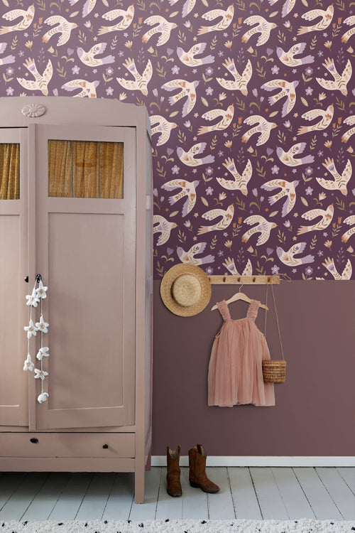 ESTAhome behang bloemen en vogels paars - 50 x 900 cm - 131757