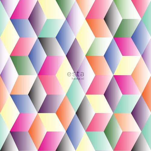 ESTAhome XXL behang 3D kubussen roze, geel, groen en blauw - 50 x 900 cm - 158913