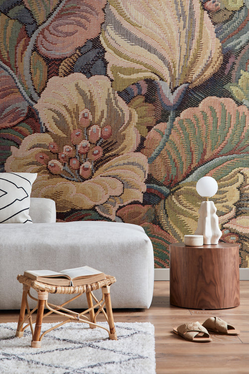 ESTAhome fotobehang geborduurd bloemmotief terracotta roze - 250 x 279 cm - 159506 - vtwonen shop