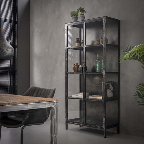 Giga Meubel Vitrinekast Rift - Zwart Metaal - 2 Deuren - 90x40x190cm
