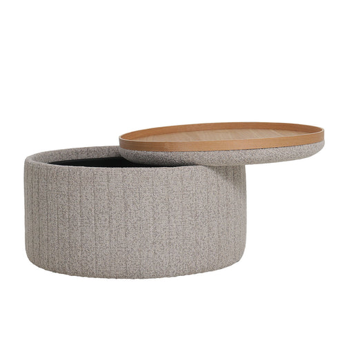 DÉJA Living Salontafel Angela – Rond – Met Opbergruimte – Chenille – Essen Fineer – 81x81x42 cm – Taupe/Naturel