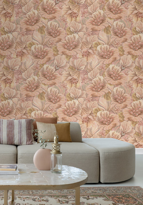 ESTAhome fotobehang geborduurd bloemmotief lichtbruin, beige en geel - 2.5 x 2.79 m - 159536
