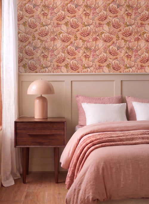 ESTAhome behang geborduurd bloemmotief terracotta roze - 50 x 900 cm - 131294